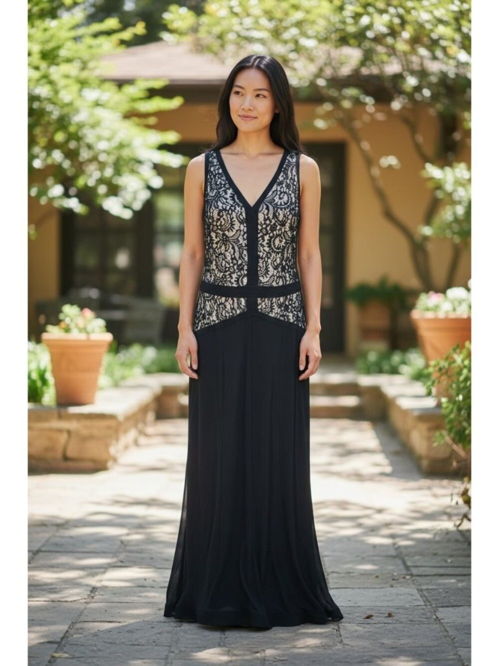 Lauren Ralph Lauren Black Lace Evening Gown Overlay Sleeveless Dress 8 Maxi Gala - Picture 1 of 12